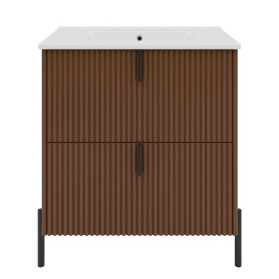 Vynxaria 30 Inch Dark Brown Fluted Bathroom Vanity with Ceramic Sink One Complete Set Solid Wood Cabinet Two Hidden Soft Close Drawers