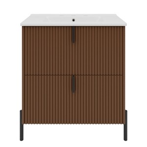 Vynxaria 30 Inch Dark Brown Fluted Bathroom Vanity with Ceramic Sink One Complete Set Solid Wood Cabinet Two Hidden Soft Close Drawers - 1 of 4