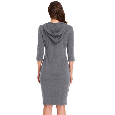 Women's Casual Long Sweatshirts 3/4 Sleeve Hooded Bodycon Dress with Kangaroo Pocket