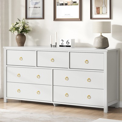 7 Dresser for Bedroom, White 54in Modern Dresser Closet with Vintage Circle Handles, 7 Chest of Drawer Freestanding for Nursery Living Room Entryway