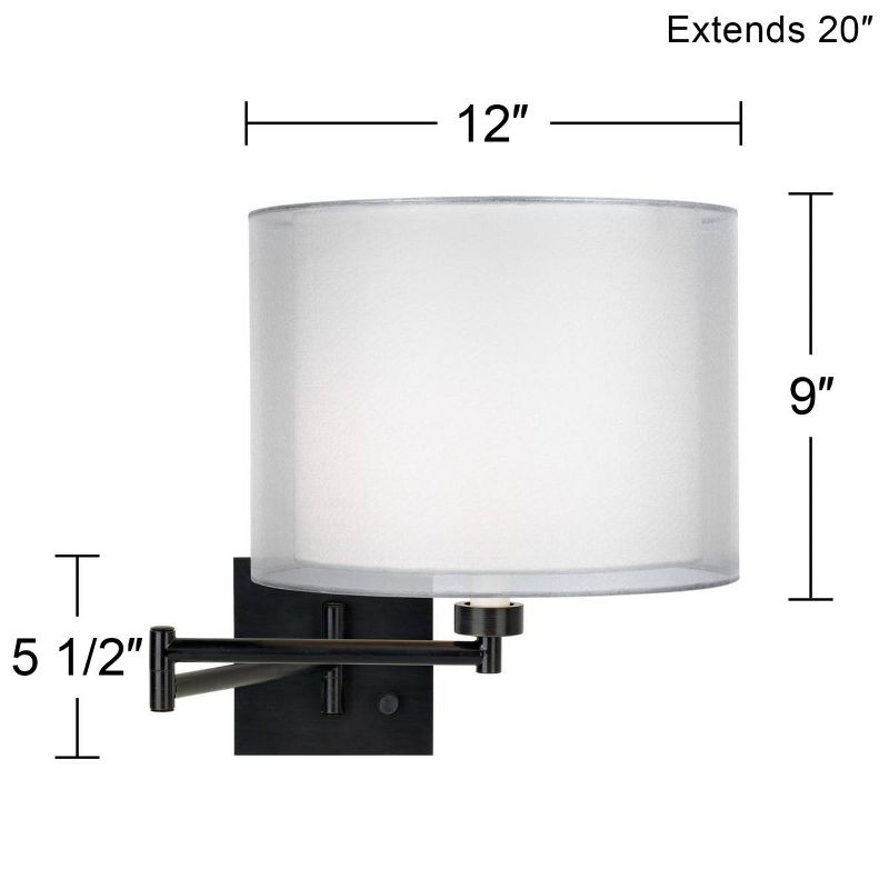 Franklin Iron Works Modern Swing Arm Wall Lamp Espresso Plug-In Light Fixture Double Sheer Silver White Drum Shade Bedroom Bedside, 4 of 5