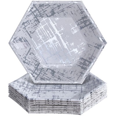 Silver Spoons Elegant Disposable Hexagon Plates for Party, Heavy Duty Disposable Dinner Set, (18 PC) Arctic Collection