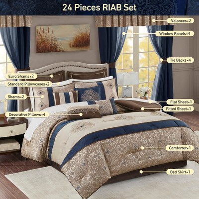 Regency Heights 24 Pcs RIAB Faux Silk Luxury Bedding Set, Classic Palace Style Medallion Jacquard Premium Bed Set with Pillows, Bedskirt and Valances, Navy, Queen — фото 5