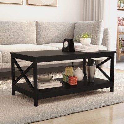 KWPZQEB Oxford Coffee Table, 39.56" Rectangle Coffee Table with Shelf and X Legs, Rustic Wood Center Table for Living Room, Black