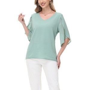 Anna-Kaci Women's V-Neck Blouse with Split Sheer Short Sleeves and Relaxed Fit Silhouette - 1 of 4