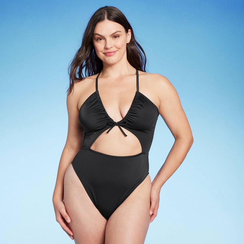 Women's Ribbed Plunge Front Cut Out One Piece Swimsuit - Shade & Shore™, 3 of 9