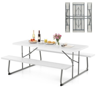 Tangkula Folding Picnic Table w/ 2 Benches 6 FT Camping Table Set w/ All-Weather HDPE Tabletop White
