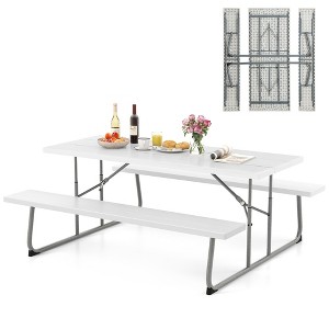Tangkula Folding Picnic Table w/ 2 Benches 6 FT Camping Table Set w/ All-Weather HDPE Tabletop White - 1 of 4