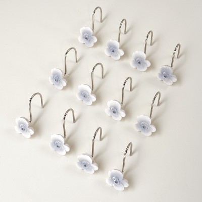 Lakeside Set of 12 Floral Shower Curtain Hooks – Grey and White Cherry Blossom Flower