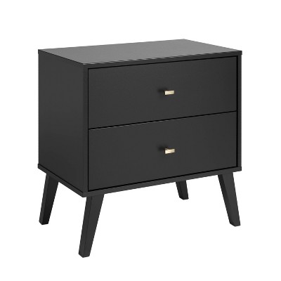 Black Mid-Century Modern 2-Drawer Nightstand with Brass Knobs
