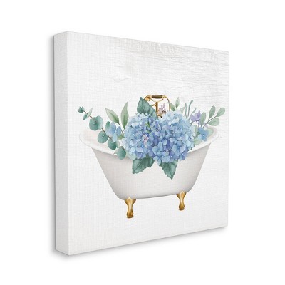 Off-White Canvas Wall Art with Blue Hydrangea Blossoms in Bathtub