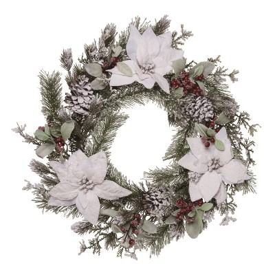 Transpac Artificial 24 in. Multicolor Christmas Winter Berry Poinsettia Wreath