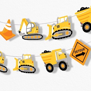 Big Dot of Happiness Construction Party Garland Banner, Construction Truck Banner, 30 Ft of Cord 15 Double-Sided Trucks, Excavators, Bulldozers, Cones - 1 of 4