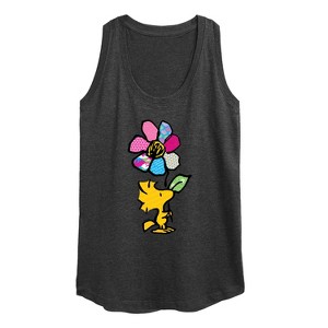 Women's Peanuts Woodstock With Flower And Pattern Graphic Racerback Tank - Heather Charcoal - X-Large - 1 of 4