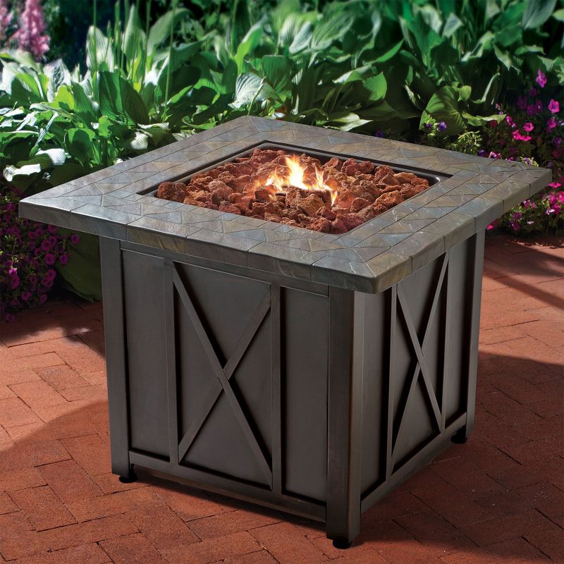 Endless Summer 30 Inch Square 30,000 BTU Liquid Propane Gas Outdoor Fire Pit Table w/ Push Button Ignition, Lava Rock, & Steel Fire Bowl, Bronze, 4 of 7