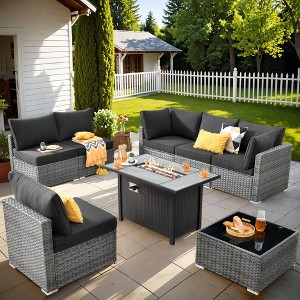 Ovios Venice 8pc Wicker Outdoor Patio Furniture Set Conversation Sofa with a Metal Fire Pit and Cushions - 1 of 4