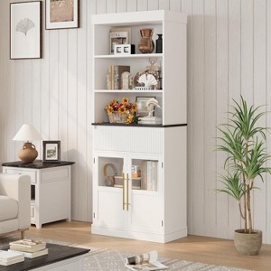 70" Storage Cabinet, Tall Kitchen Pantry with Drawer & Glass Doors, Freestanding Bookcase with Open Shelves and Fluted Drawer, for Living Room - 1 of 4