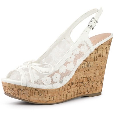 Perphy Platform Heels Lace Bow Slingback Wedge Sandals for Women White 9