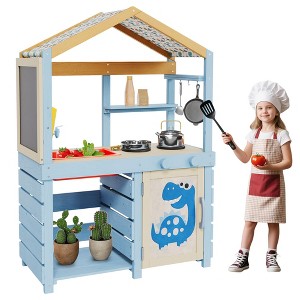 Kids Wooden Mud Table Kitchen Pretend Play Set with Hanging Hooks Storage Shelves Single-Door Cabinet Faucet Sink Stove, Suitable for Kids Over 3+ - 1 of 4