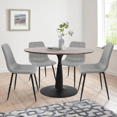 Harold+Bingo 5-Piece Walnut Foil  Round Top Pedestal Dining Table Set with 4 Upholstered Chairs -Maison Boucle‎