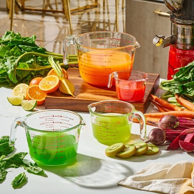 Set of 4 Clear Glass Measuring Cups with Red Markings
