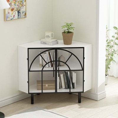 Corner Cabinet 37.40 inch Corner Table Sideboard Cabinet with 2 Doors and 2-Tier Shelves Free-Standing Metal Frame Storage Shelf Organizer White