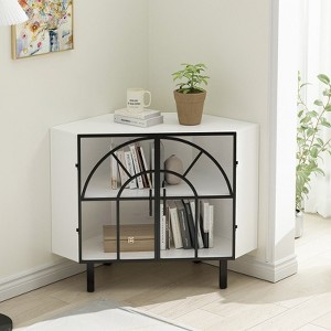 Corner Cabinet 37.40 inch Corner Table Sideboard Cabinet with 2 Doors and 2-Tier Shelves Free-Standing Metal Frame Storage Shelf Organizer White - 1 of 4