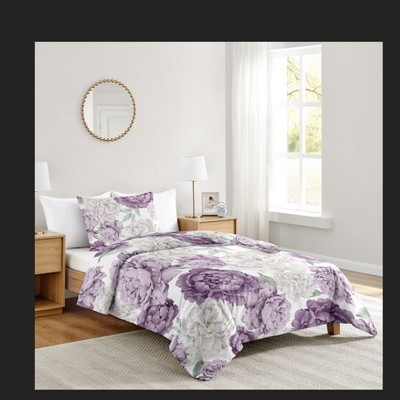 Sweet Jojo Designs Girl Twin Comforter Bedding Set Peony Floral Garden Purple Ivory and Green 2pc