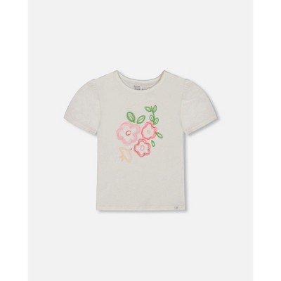 Deux par Deux Girl Organic Cotton Tee with Puff Sleeve Pink Flower on White Background
