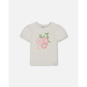 Deux par Deux Girl Organic Cotton Tee with Puff Sleeve Pink Flower on White Background - 1 of 4
