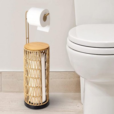 Hachikiko Freestanding Toilet Paper Holder with Storage - 3-Tier Rattan Organizer with Shelf, Boho Farmhouse Bathroom Decor, Brown