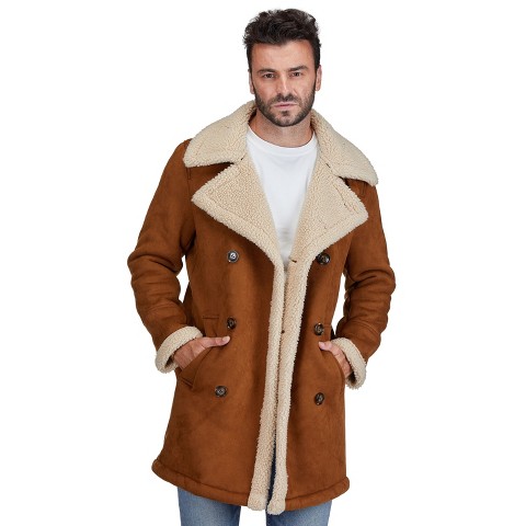 Braveman Faux Shearling Double Breasted Overcoat,Brown,Small