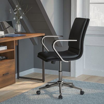 Modern Swivel Mid-Back Executive Chair in Brushed Chrome and Black Leather