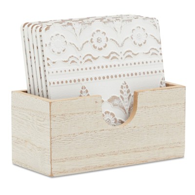 Juvale Set of 6 Wooden White Coasters with Holder for Drinks, Coffee Table, Floral Farmhouse Decor, 3.8 In