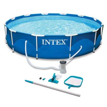 Intex Metal Frame 10' x 30" Above Ground Outdoor Swimming Pool with 330 GPH Filter Pump and Maintenance Kit with Vacuum Skimmer and Adjustable Pole