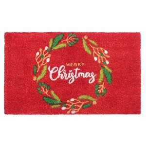 RugSmith Red Machine Tufted Holiday Merry Christmas Wreath Doormat - 1 of 4