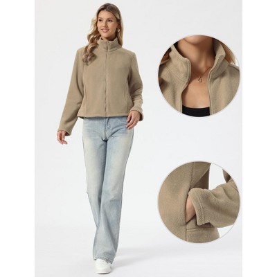 INSPIRE CHIC Women's Zip Up Funnel Neck Long Sleeve Solid Color Seam Pockets Casual Plush Warm Coat X-Large Khaki — фото 2