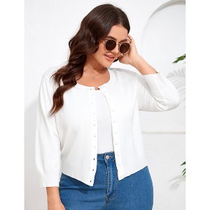 YESFASHION Women Plus Size Cardigan Round Neck Button Down 3/4 Sleeve Top Solid Casual Cardigan - 1 of 4
