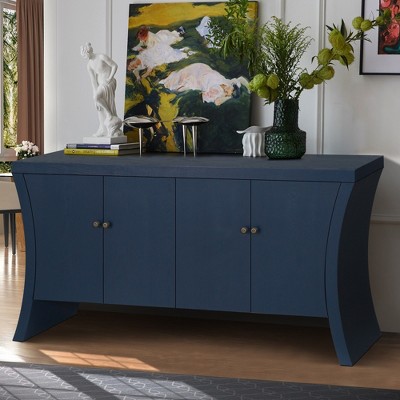 VYNXARIA Industrial 4-Door Navy Blue Credenza with Wooden Arc Legs & Bronze Clasps for Stylish Storage