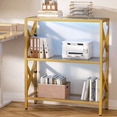 Aheaplus 5 Tier Glass Bookshelf with LED Light, Metal Frame Storage Shelf Display Bookcase