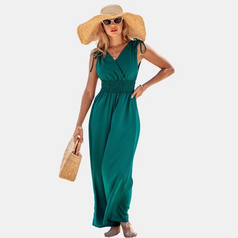 Teal Smocked georgette jumpsuit