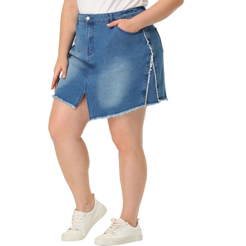 Agnes Orinda Women's Plus Size Denim Asymmetrical Slit Fashion Pockets Raw Hem Mini Skirts, 1 of 6