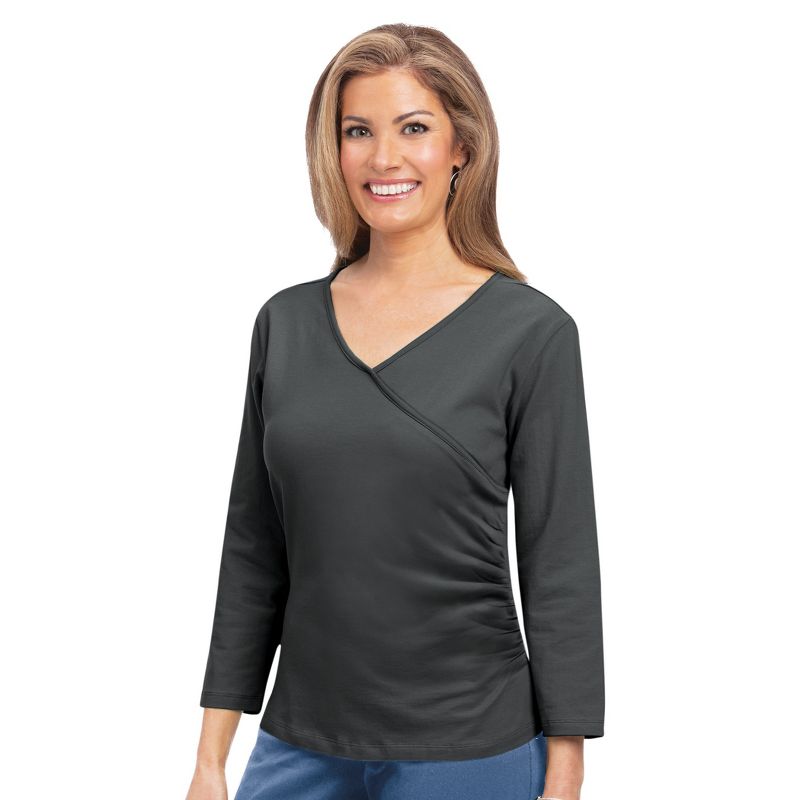 Collections Etc Side Shirred 3/4 Sleeve Surplice Top with V-Neckline, 1 of 5