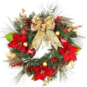 Acekool 24-Inch Pre-Lit Wreath with 20 LED Lights, Red & Gold Ornaments, Battery-Operated, Timer, Pine Cones & Berries, Door & Wall Décor - 1 of 4