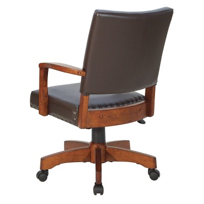Espresso Leather Swivel Wood Banker Chair with Armrests