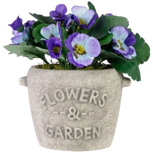 Northlight Pansy Artificial Floral Arrangement in "Flowers & Garden" Pot - 6" - Purple and Blue - 1 of 4