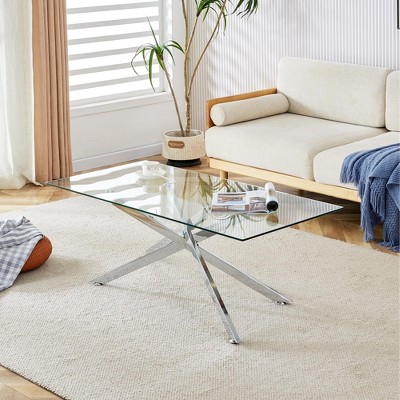 Dolonm  Rectangular Clear Tempered Glass Coffee Table,Stylish Design with Silver Chrome Plated Metal Legs