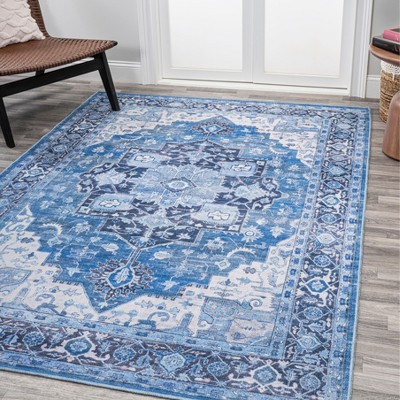 Maris Easy-Care Blue Medallion Washable Synthetic Area Rug, 3 X 5