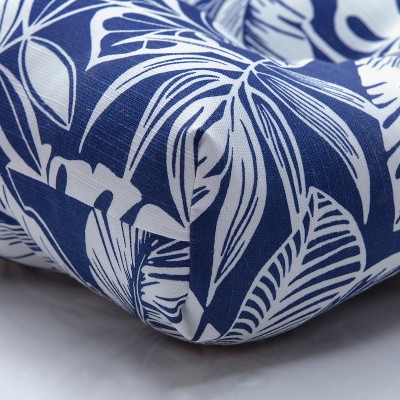 Delray Navy Blue Outdoor Tufted Chairpad Set with White Leaf Pattern