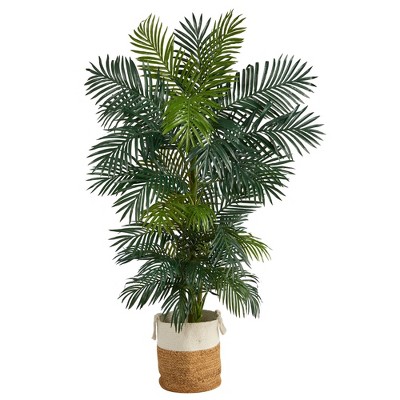 Nearly Natural 6.5-ft Golden Cane Artificial Palm Tree in Handmade Natural Jute and Cotton Planter